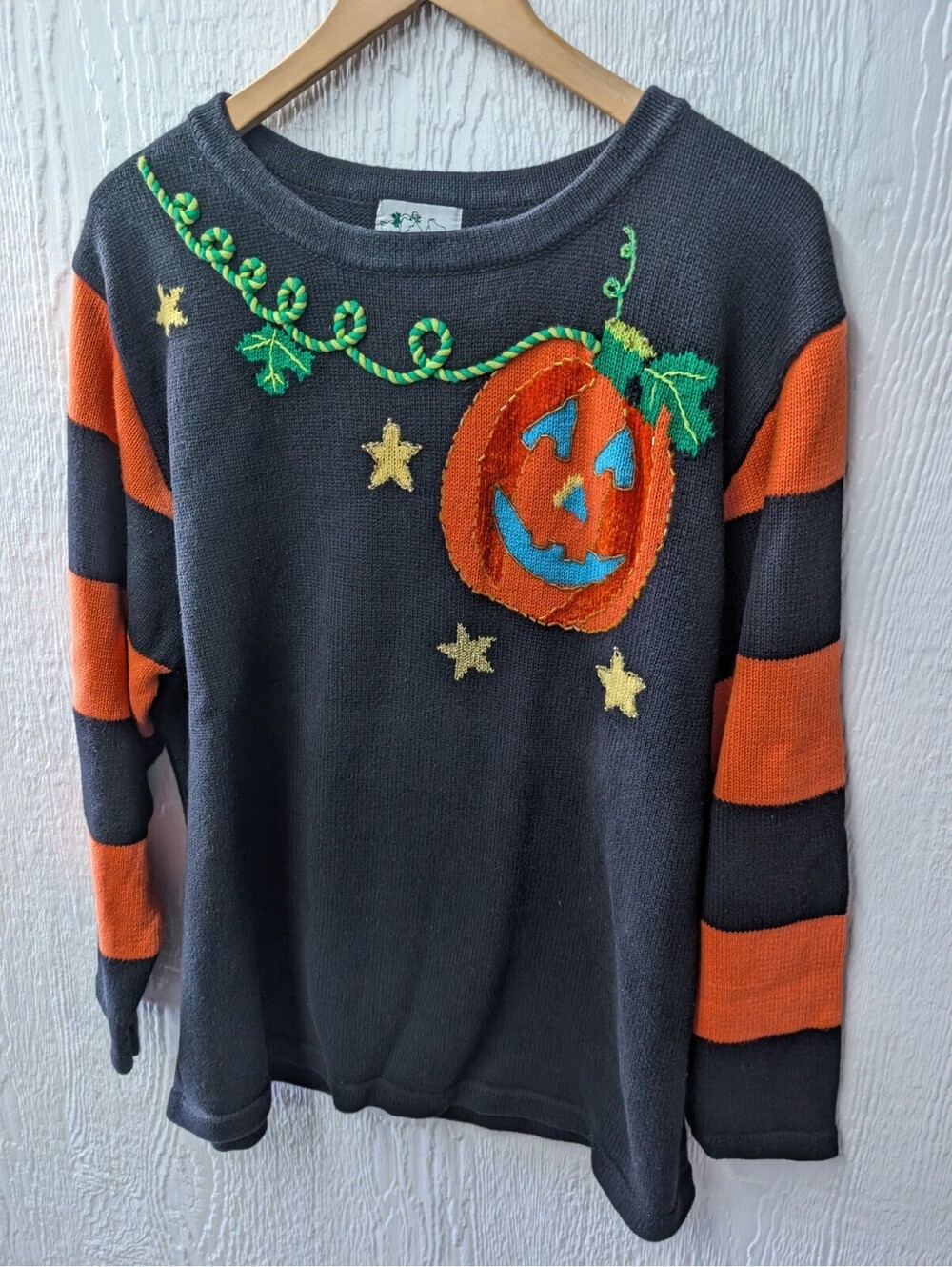 Quacker Factory Halloween Knit Sweater Pumpkins Beaded Teachercore Plus 1X